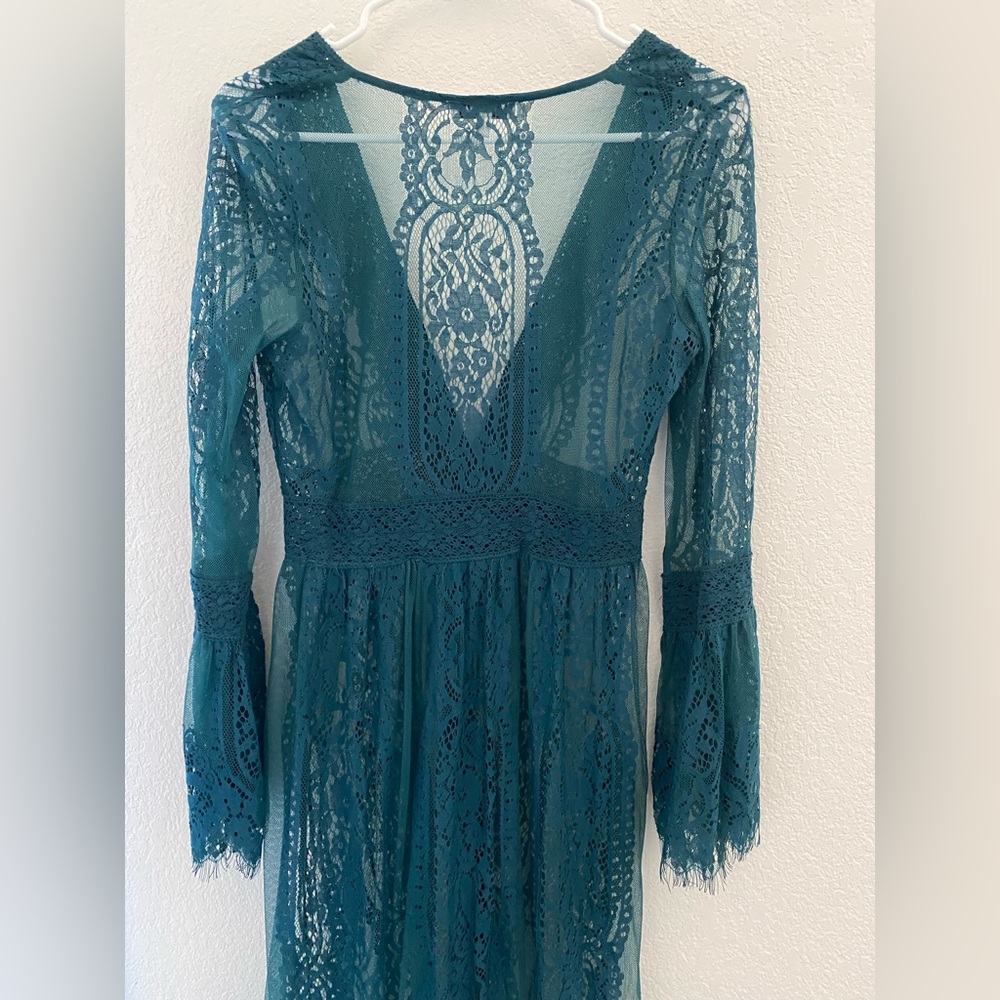 Teal Vintage Lace Long Sleeve Kimono